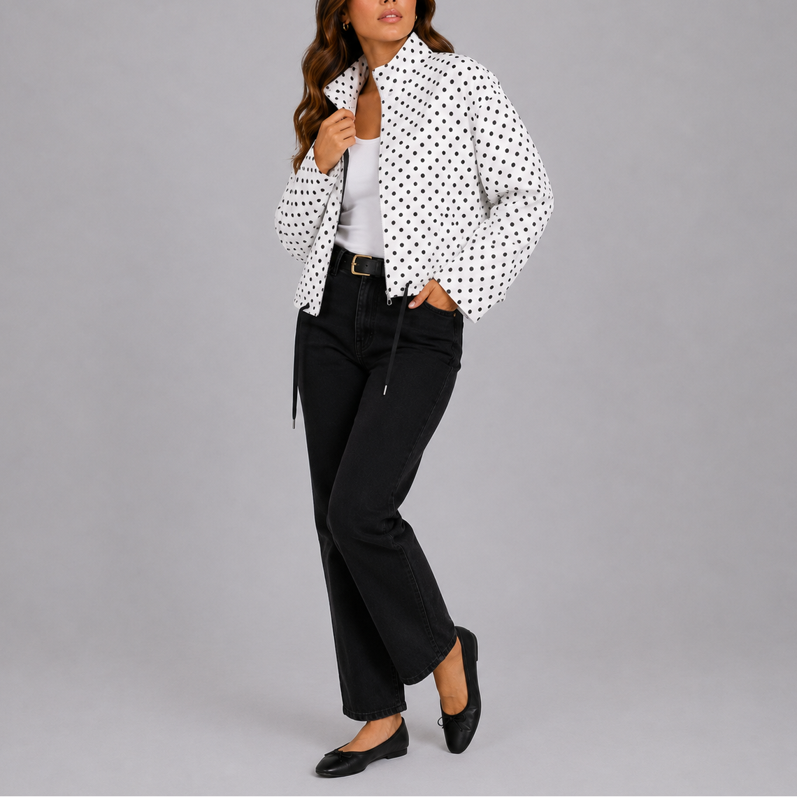 Polka Dot Bomber Jacket Navy Women's Stand Collar Zip-Up – Casual, Office, Holiday, Gift