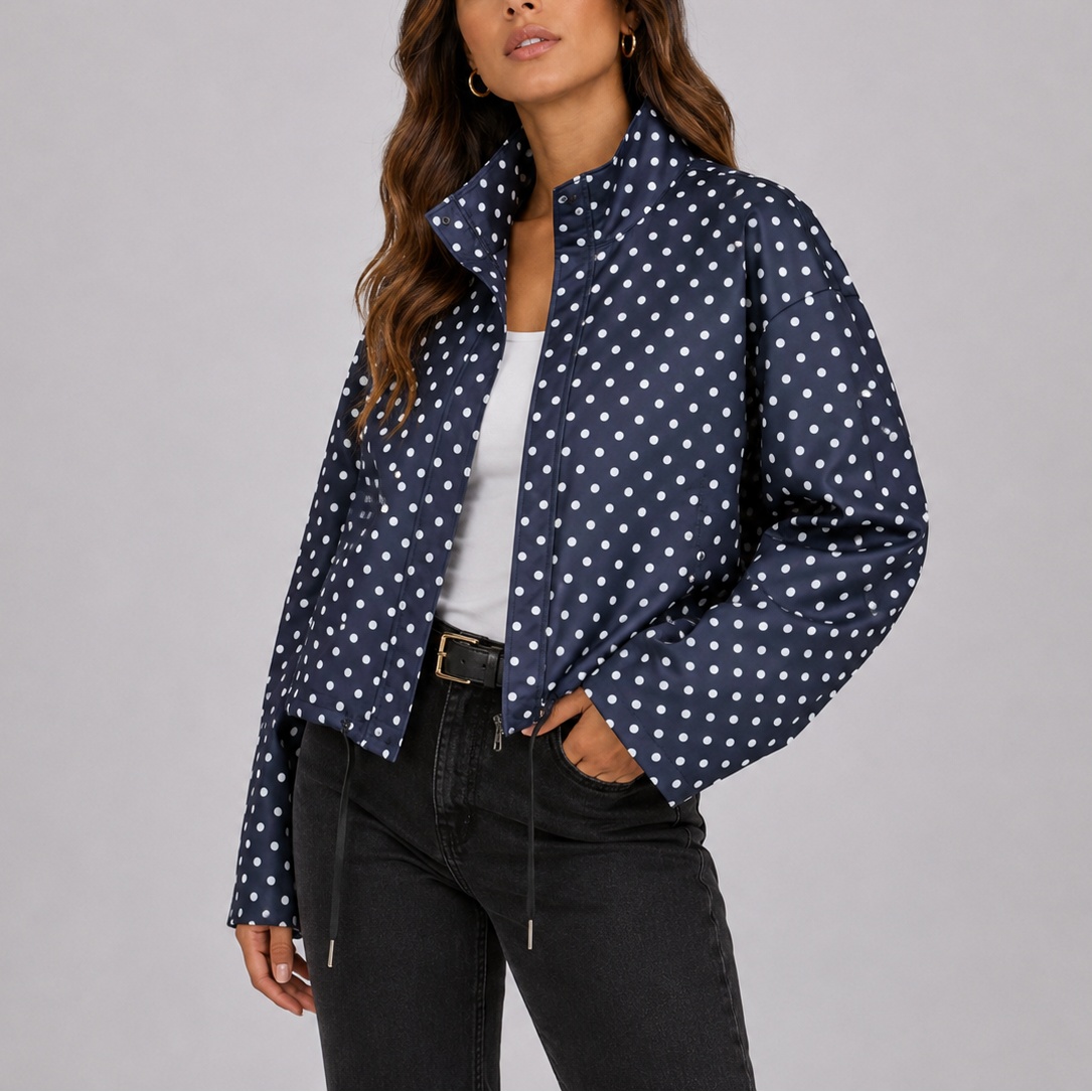 Polka Dot Bomber Jacket Navy Women's Stand Collar Zip-Up – Casual, Office, Holiday, Gift