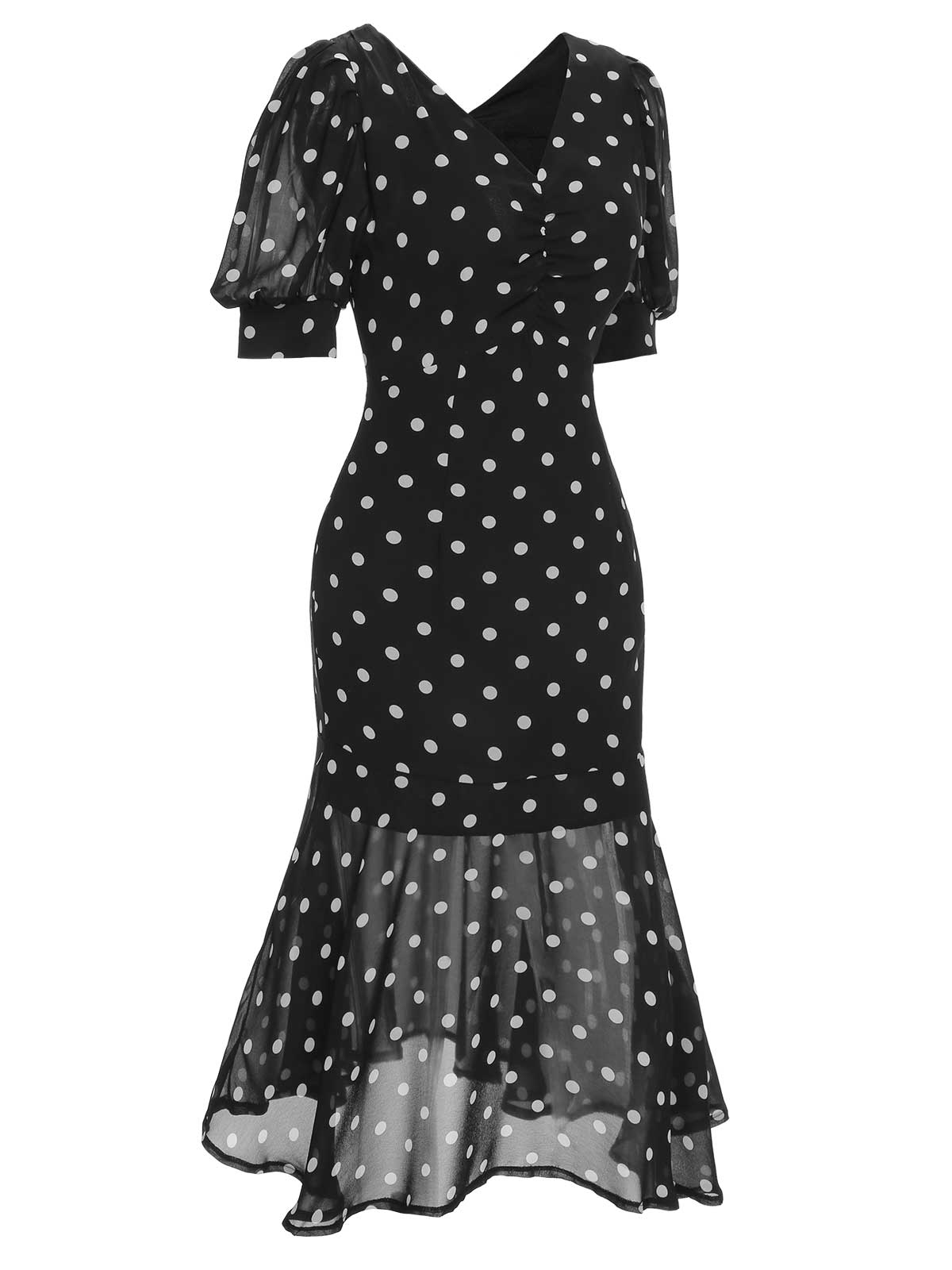Polka Dot Mermaid Dress Black Women's V-Neck Puff Sleeve – Party, Cocktail, Vintage, Evening, Gift