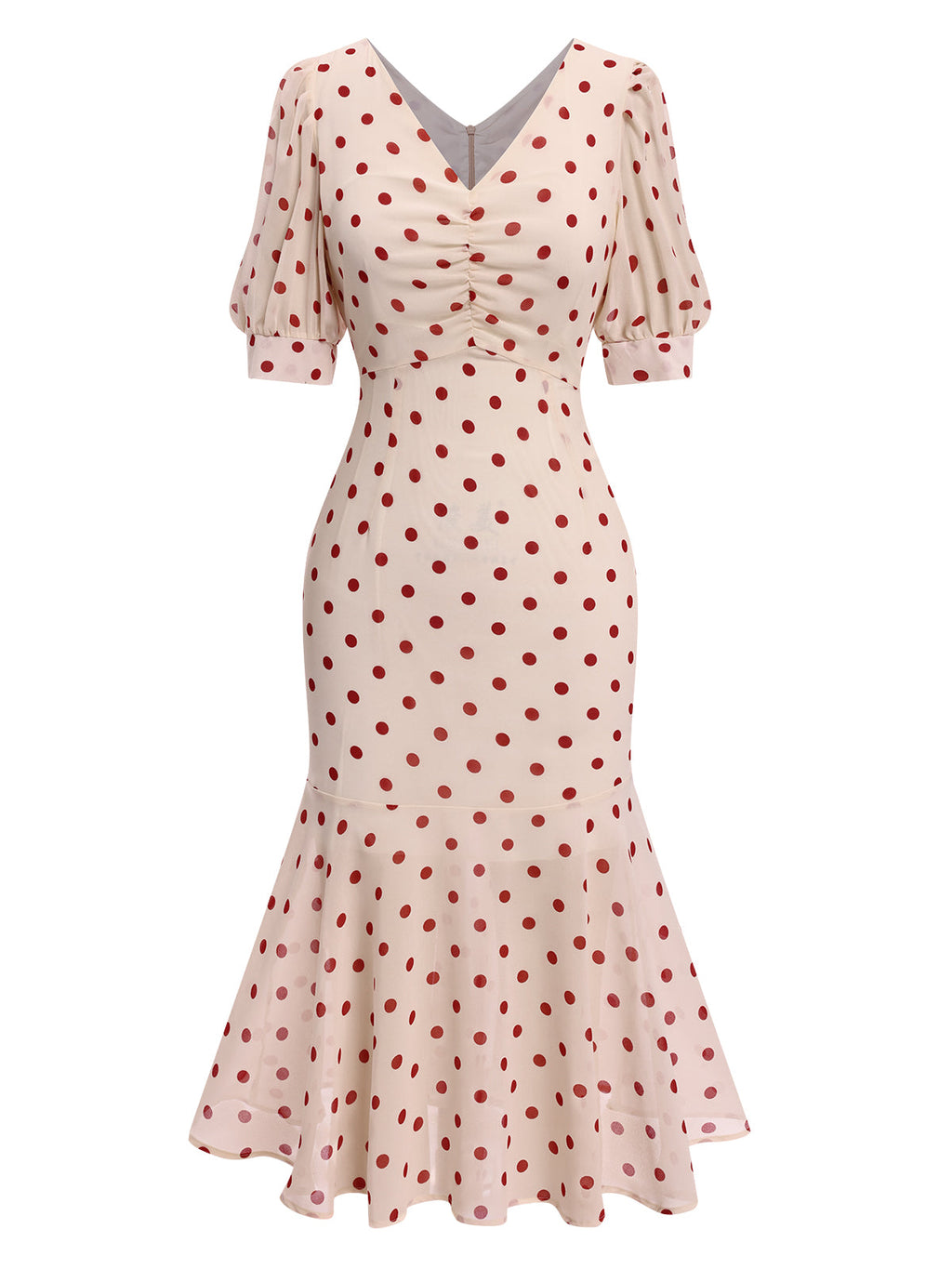 Polka Dot Mermaid Dress Black Women's V-Neck Puff Sleeve – Party, Cocktail, Vintage, Evening, Gift