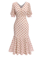 Polka Dot Mermaid Dress Black Women's V-Neck Puff Sleeve – Party, Cocktail, Vintage, Evening, Gift
