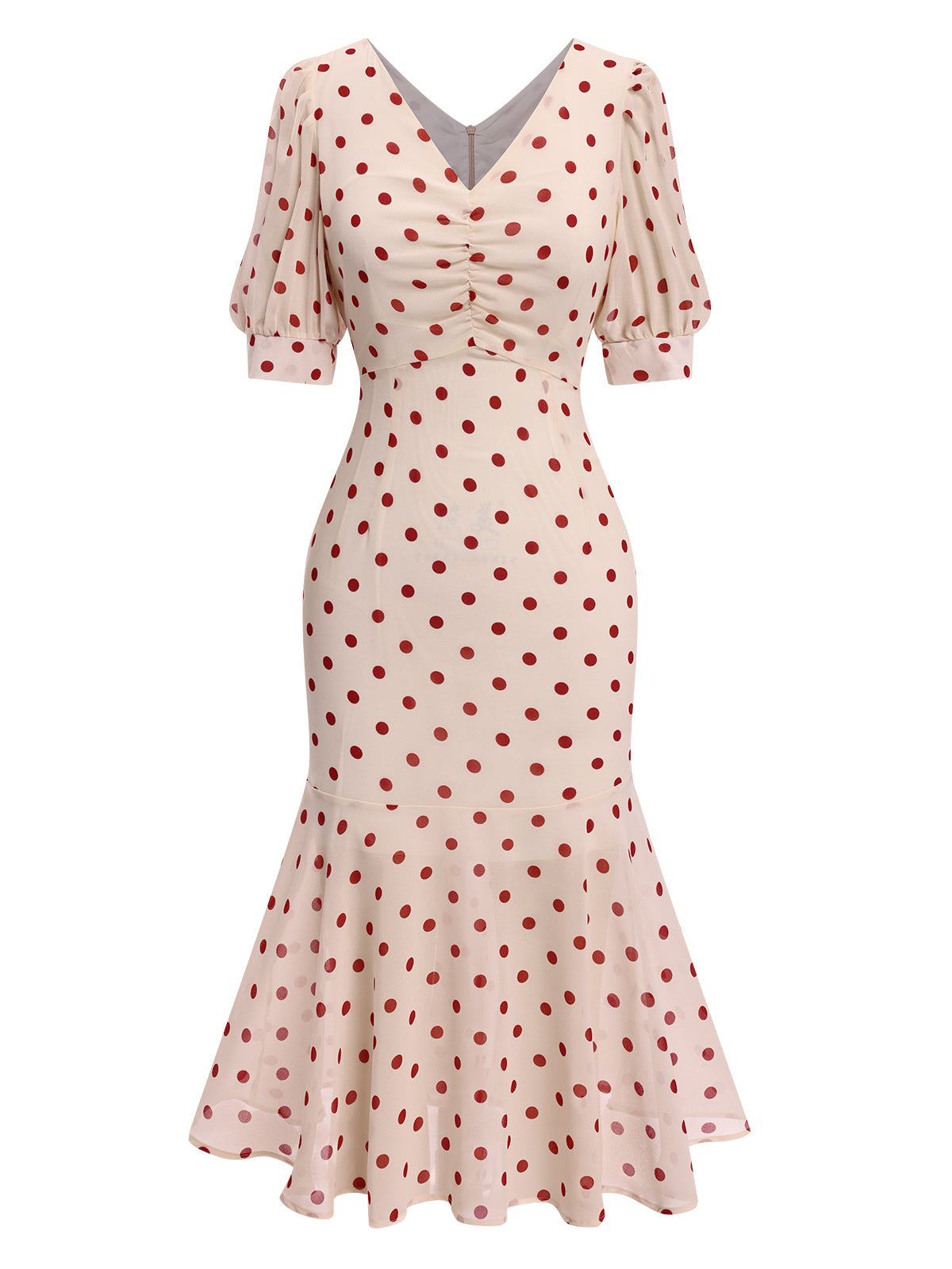 Polka Dot Mermaid Dress Black Women's V-Neck Puff Sleeve – Party, Cocktail, Vintage, Evening, Gift
