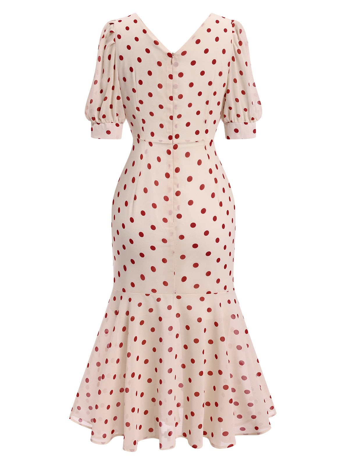 Polka Dot Mermaid Dress Black Women's V-Neck Puff Sleeve – Party, Cocktail, Vintage, Evening, Gift