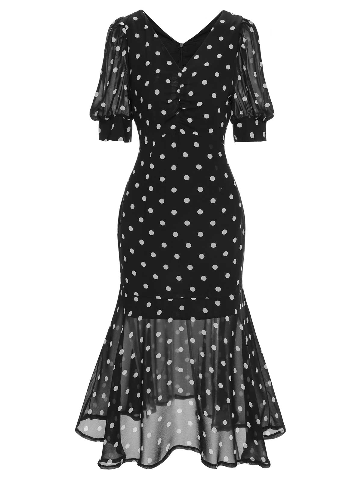 Polka Dot Mermaid Dress Black Women's V-Neck Puff Sleeve – Party, Cocktail, Vintage, Evening, Gift