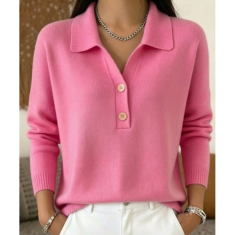Polo Jumper Knitted Collared Long Sleeve Women's Light Blue – Casual, Office, Gift