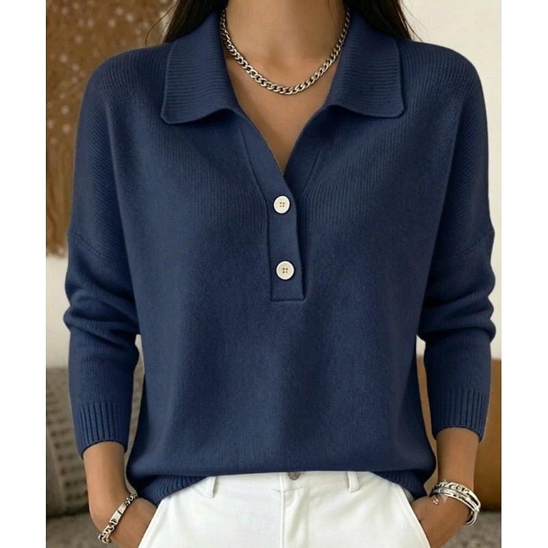 Polo Jumper Knitted Collared Long Sleeve Women's Light Blue – Casual, Office, Gift