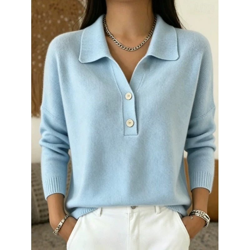 Polo Jumper Knitted Collared Long Sleeve Women's Light Blue – Casual, Office, Gift