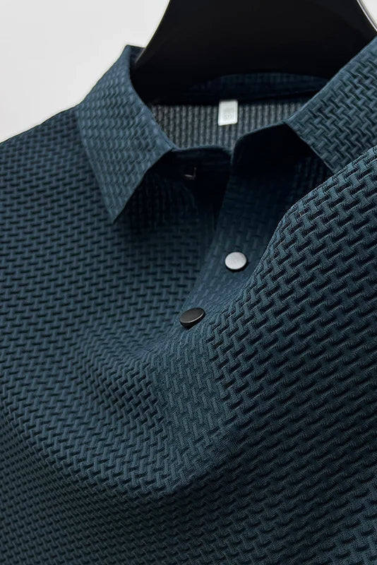 Polo Shirt Textured Knit Dark Green Men's Short Sleeve Snap Placket – Casual, Office Wear