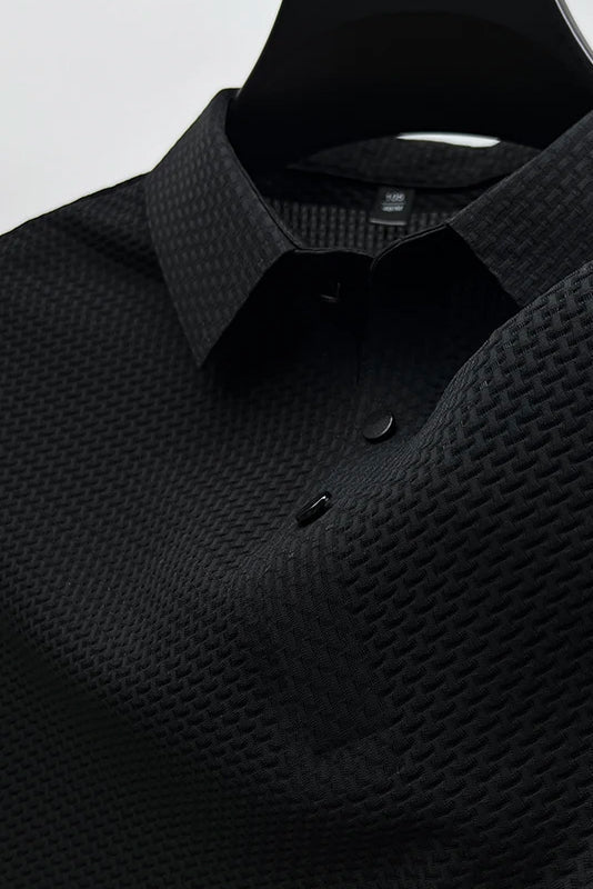 Polo Shirt Textured Knit Dark Green Men's Short Sleeve Snap Placket – Casual, Office Wear