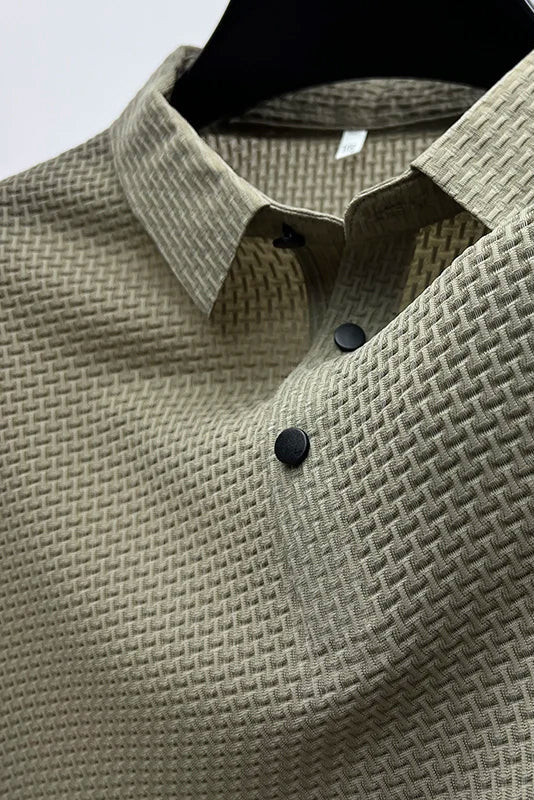 Polo Shirt Textured Knit Dark Green Men's Short Sleeve Snap Placket – Casual, Office Wear