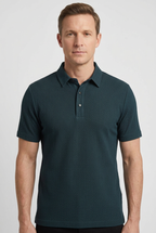 Polo Shirt Textured Knit Dark Green Men's Short Sleeve Snap Placket – Casual, Office Wear