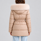Puffer Coat Faux Fur Hood Beige Women's Belted – Winter, Casual, Office, Warm Padded Jacket Gift