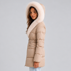 Puffer Coat Faux Fur Hood Beige Women's Belted – Winter, Casual, Office, Warm Padded Jacket Gift
