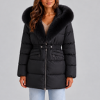 Puffer Coat Faux Fur Hood Beige Women's Belted – Winter, Casual, Office, Warm Padded Jacket Gift