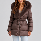 Puffer Coat Faux Fur Hood Beige Women's Belted – Winter, Casual, Office, Warm Padded Jacket Gift
