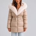 Puffer Coat Faux Fur Hood Beige Women's Belted – Winter, Casual, Office, Warm Padded Jacket Gift