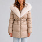 Puffer Coat Faux Fur Hood Beige Women's Belted – Winter, Casual, Office, Warm Padded Jacket Gift