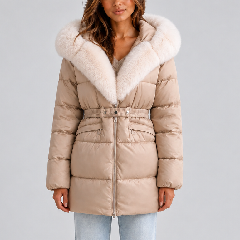 Puffer Coat Faux Fur Hood Beige Women's Belted – Winter, Casual, Office, Warm Padded Jacket Gift