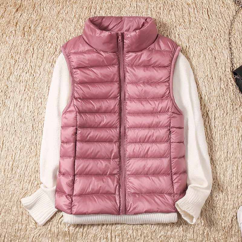 Puffer Gilet Lightweight Padded Women's Pink Stand Collar Zip Front – Casual, Outdoor Layering