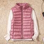 Puffer Gilet Lightweight Padded Women's Pink Stand Collar Zip Front – Casual, Outdoor Layering
