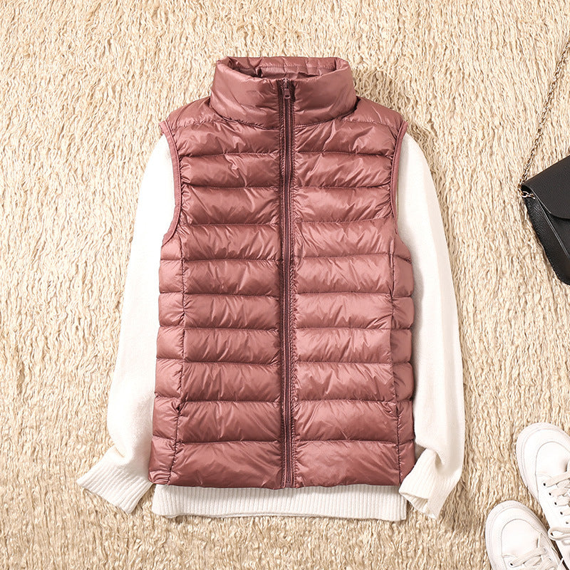 Puffer Gilet Lightweight Padded Women's Pink Stand Collar Zip Front – Casual, Outdoor Layering