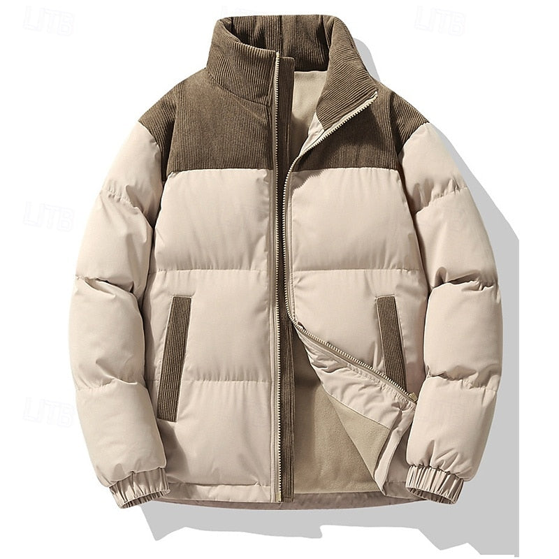 Puffer Jacket Beige Corduroy Stand-Collar Men's Padded Coat – Casual, Winter, Warm Outerwear