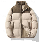 Puffer Jacket Beige Corduroy Stand-Collar Men's Padded Coat – Casual, Winter, Warm Outerwear
