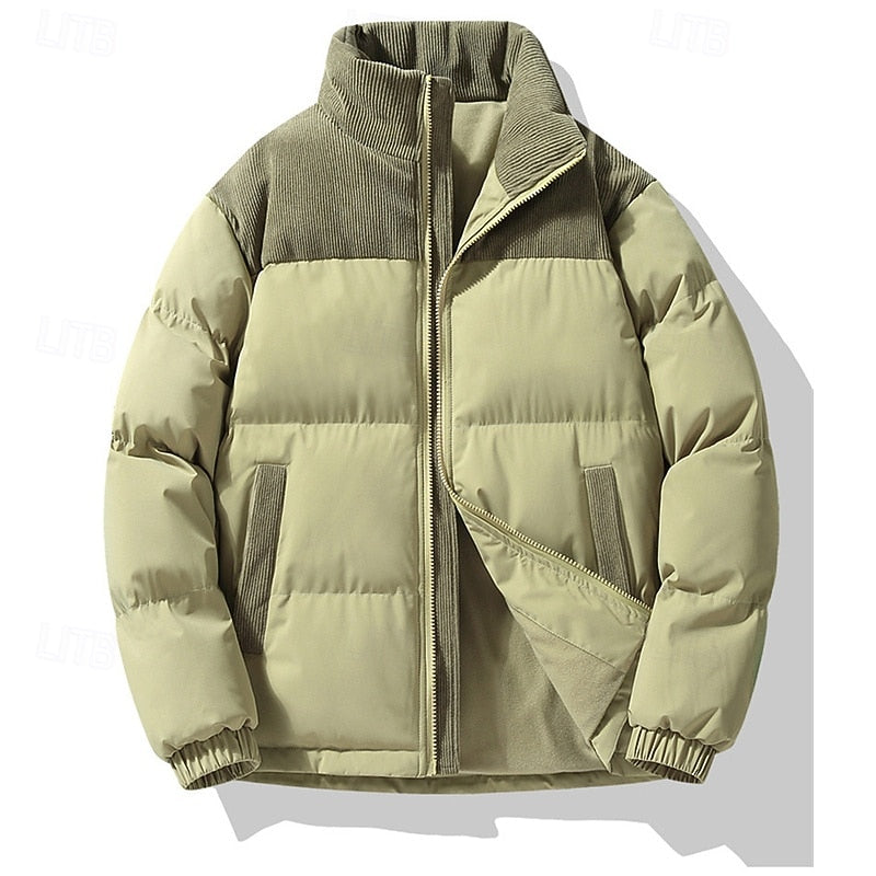 Puffer Jacket Beige Corduroy Stand-Collar Men's Padded Coat – Casual, Winter, Warm Outerwear