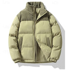 Puffer Jacket Beige Corduroy Stand-Collar Men's Padded Coat – Casual, Winter, Warm Outerwear