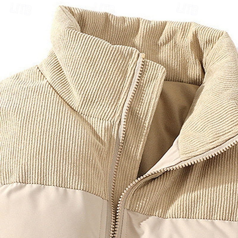 Puffer Jacket Beige Corduroy Stand-Collar Men's Padded Coat – Casual, Winter, Warm Outerwear