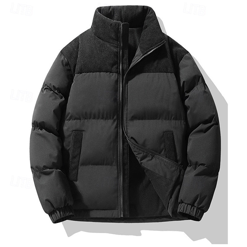 Puffer Jacket Beige Corduroy Stand-Collar Men's Padded Coat – Casual, Winter, Warm Outerwear