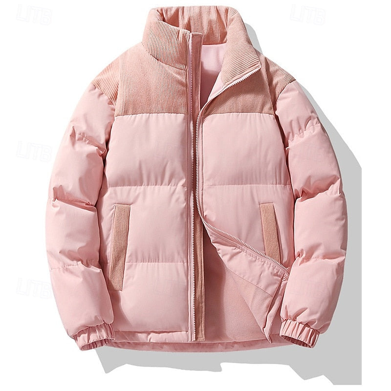Puffer Jacket Beige Corduroy Stand-Collar Men's Padded Coat – Casual, Winter, Warm Outerwear