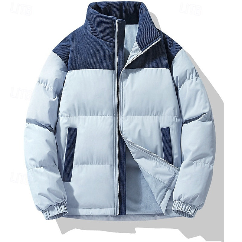 Puffer Jacket Beige Corduroy Stand-Collar Men's Padded Coat – Casual, Winter, Warm Outerwear
