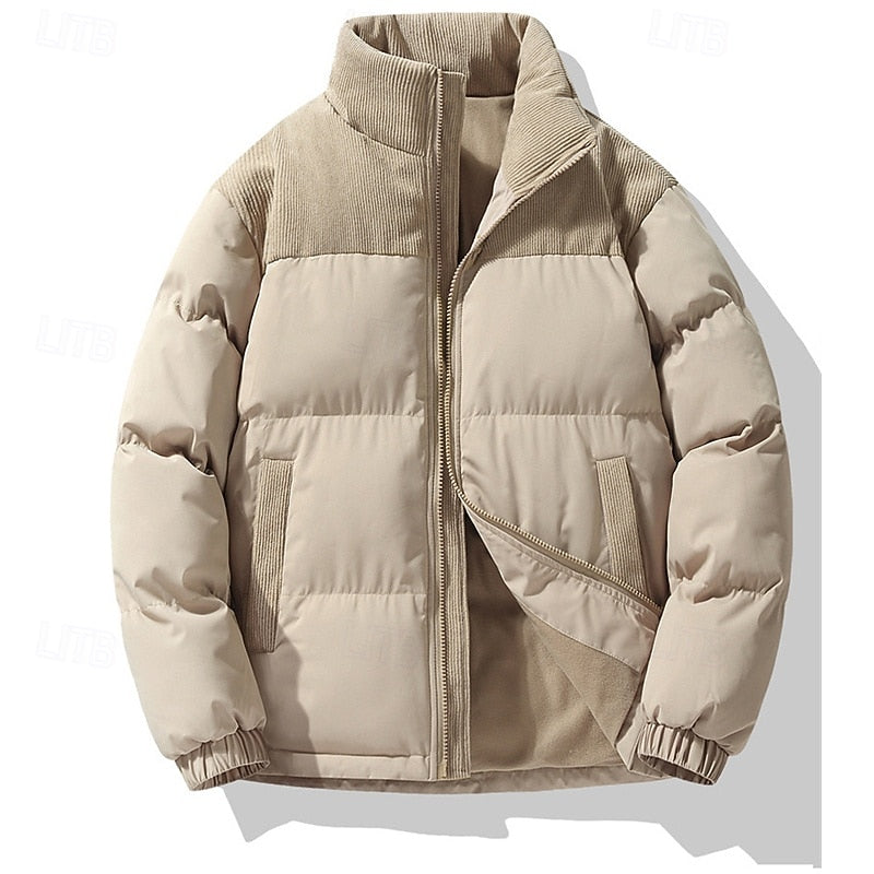 Puffer Jacket Beige Corduroy Stand-Collar Men's Padded Coat – Casual, Winter, Warm Outerwear