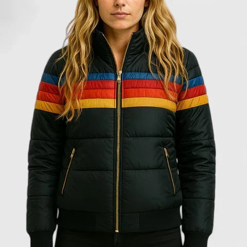 Puffer Jacket Black Rainbow Stripe Women's Zip-Up – Casual, Fall Winter, Everyday Outerwear, Gift