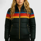 Puffer Jacket Black Rainbow Stripe Women's Zip-Up – Casual, Fall Winter, Everyday Outerwear, Gift