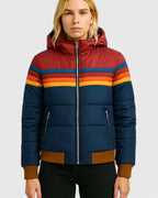 Puffer Jacket Black Rainbow Stripe Women's Zip-Up – Casual, Fall Winter, Everyday Outerwear, Gift