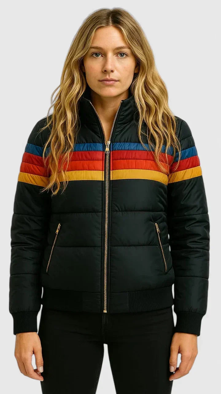 Puffer Jacket Black Rainbow Stripe Women's Zip-Up – Casual, Fall Winter, Everyday Outerwear, Gift