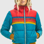 Puffer Jacket Black Rainbow Stripe Women's Zip-Up – Casual, Fall Winter, Everyday Outerwear, Gift
