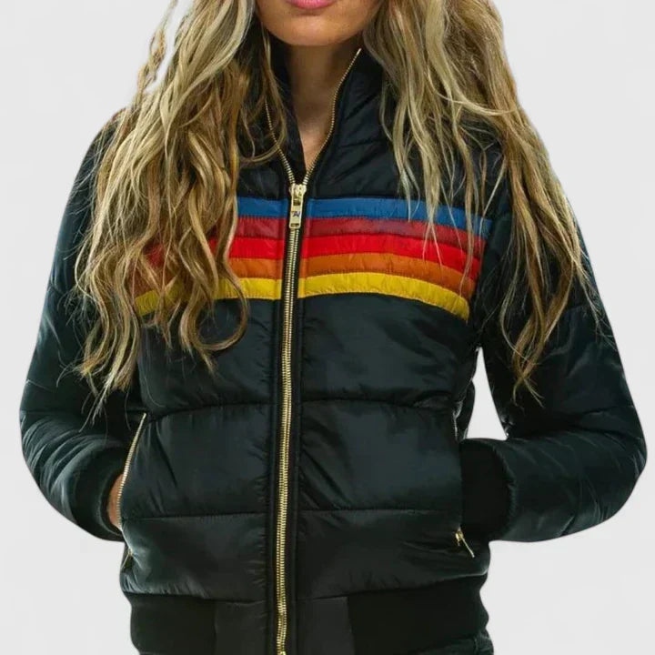 Puffer Jacket Black Rainbow Stripe Women's Zip-Up – Casual, Fall Winter, Everyday Outerwear, Gift