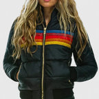Puffer Jacket Black Rainbow Stripe Women's Zip-Up – Casual, Fall Winter, Everyday Outerwear, Gift