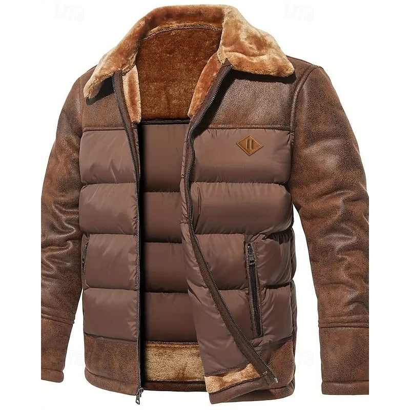 Puffer Jacket Faux Leather Fur Collar Men's Insulated Winter Coat – Casual, Outdoor, Warm Gift
