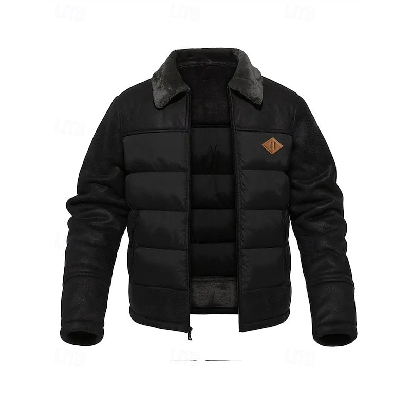 Puffer Jacket Faux Leather Fur Collar Men's Insulated Winter Coat – Casual, Outdoor, Warm Gift