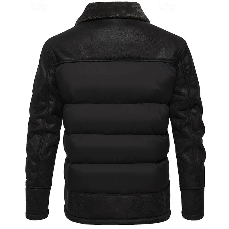 Puffer Jacket Faux Leather Fur Collar Men's Insulated Winter Coat – Casual, Outdoor, Warm Gift