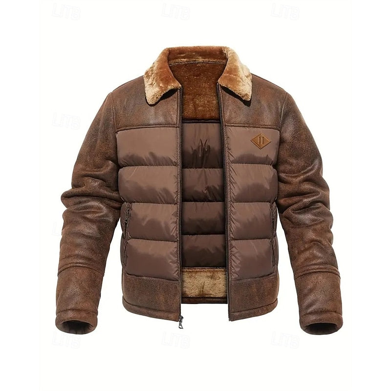 Puffer Jacket Faux Leather Fur Collar Men's Insulated Winter Coat – Casual, Outdoor, Warm Gift