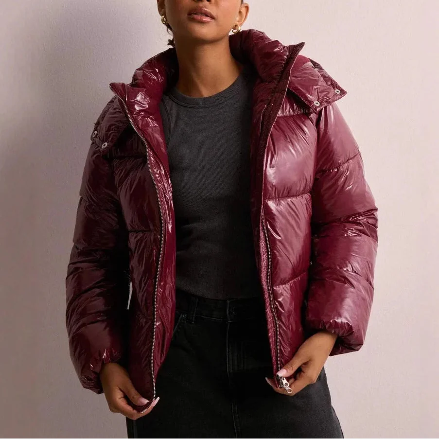 Puffer Jacket Glossy Black Hooded Women's Quilted Winter Coat – Casual, Holiday Outerwear