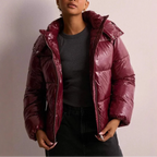 Puffer Jacket Glossy Black Hooded Women's Quilted Winter Coat – Casual, Holiday Outerwear