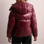 Puffer Jacket Glossy Black Hooded Women's Quilted Winter Coat – Casual, Holiday Outerwear