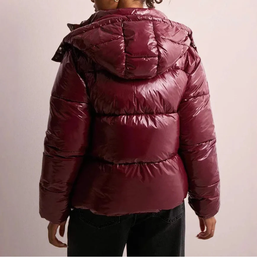 Puffer Jacket Glossy Black Hooded Women's Quilted Winter Coat – Casual, Holiday Outerwear
