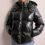 Puffer Jacket Glossy Black Hooded Women's Quilted Winter Coat – Casual, Holiday Outerwear